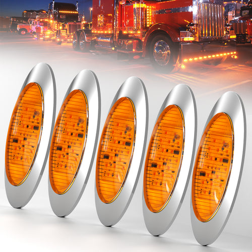 5Pcs 6.5 Inch Oval Amber LED 3 Function Turck Trailer Side Marker Lights Strobe Flash+High/Low Lights