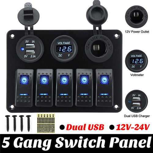 5 Gang Car Marine Boat Rocker Switch Panel w/Blue LED Dual USB Port